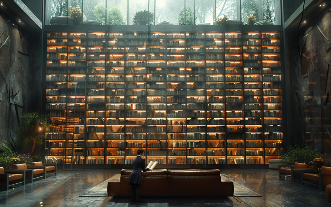 AN AI-generated image of a large, comfortable library with books packed into wall-sized shelves