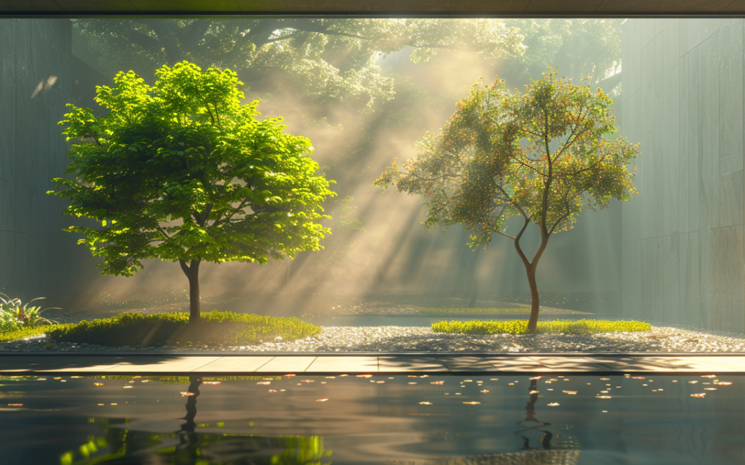 Trees at a lake's edge drenched in sunlight