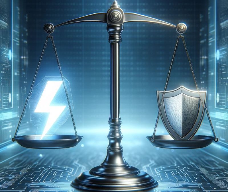 AI-generated image of a balance weighing between innovation and security