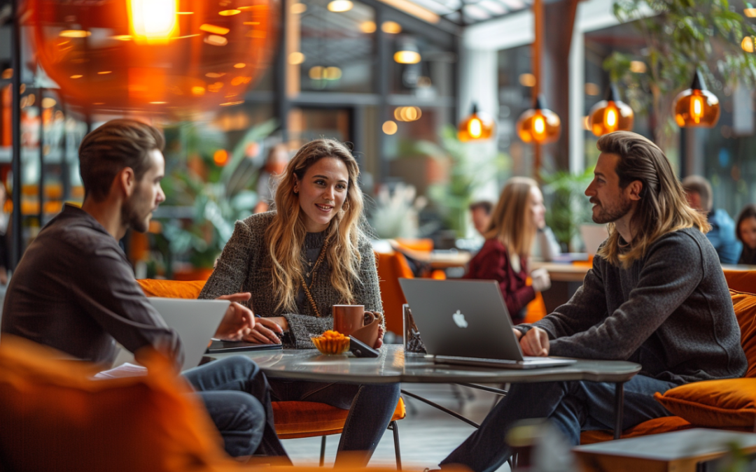 AI-generated image of three people sitting in a café, perhaps discussing change