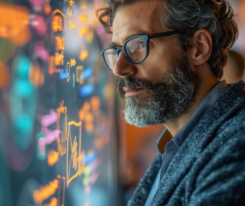 AI-generated image of an experienced consultant standing in front of a whiteboard