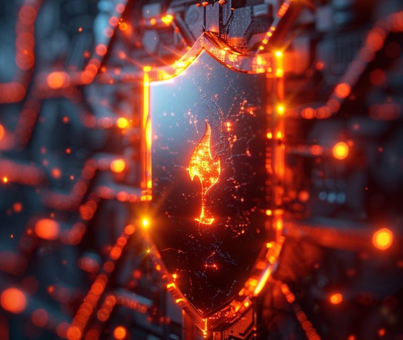 AI-generated image of a flaming shield protecting against missiles as an analogy for cybersecurity